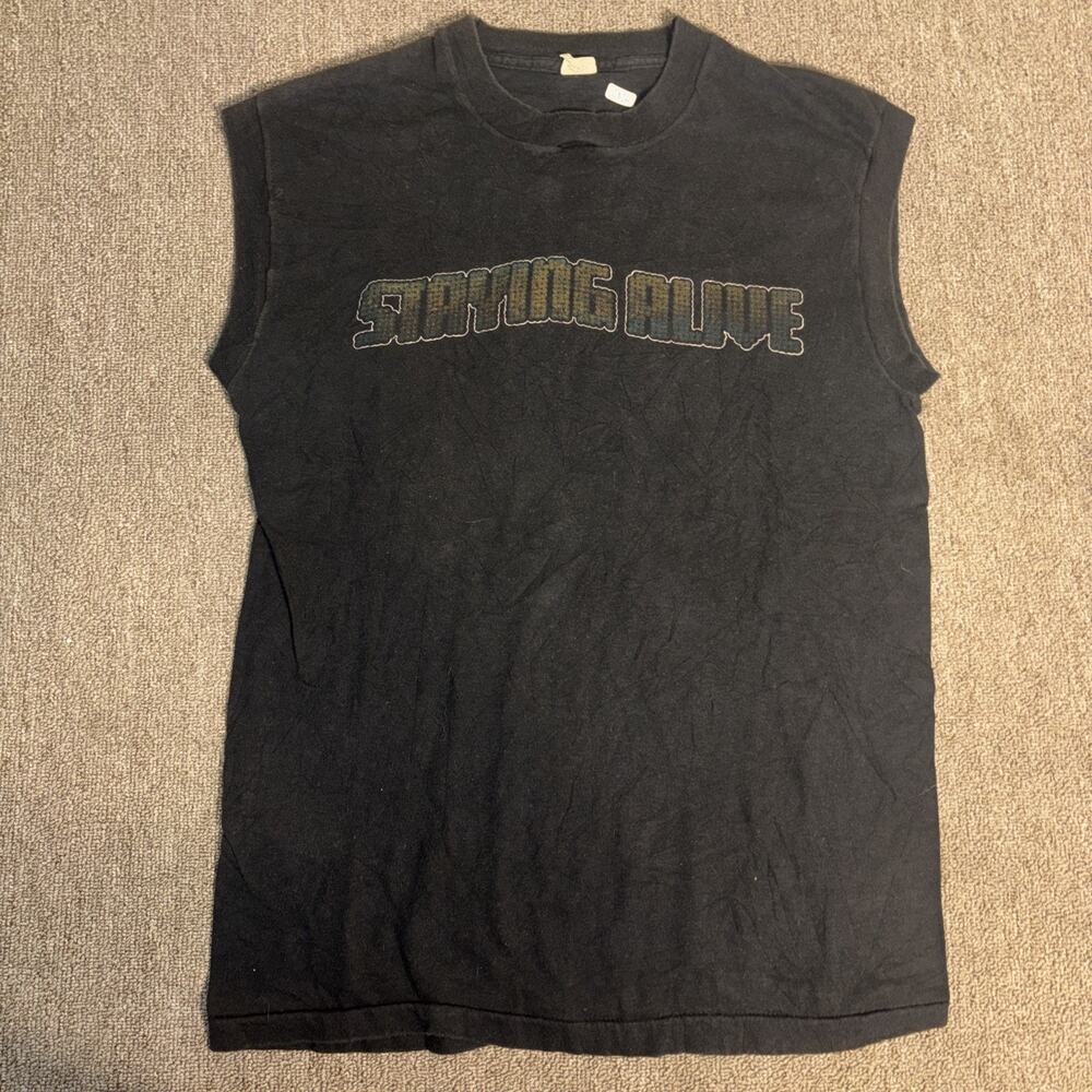 Vintage 80s Metro 700 Nightclub Staying Alive Muscle Shirt Medium Black NY Club